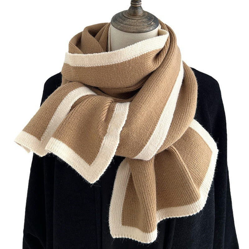 LORVENES Contrast Border Knit Winter Scarf