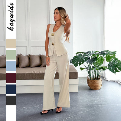 Cross-border European and American style elegant and simple vest straight leg trousers women's summer two-piece set women's clothing 2025 Amazon