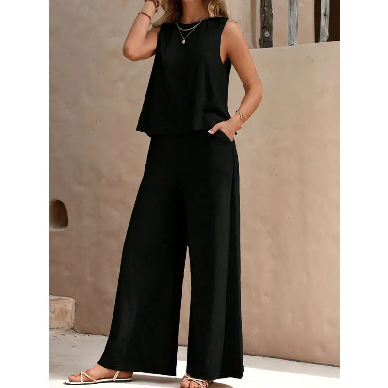 2025 Amazon Europe & America Cross-Border Bestseller Solid Color Elegant Two-Piece Set: Round Neck Vest and Wide-Leg Pants Women's Clothing