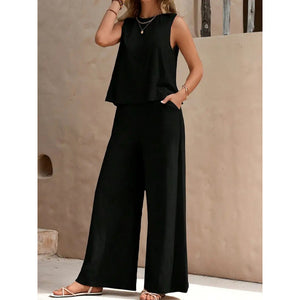 2025 Amazon Europe & America Cross-Border Bestseller Solid Color Elegant Two-Piece Set: Round Neck Vest and Wide-Leg Pants Women's Clothing