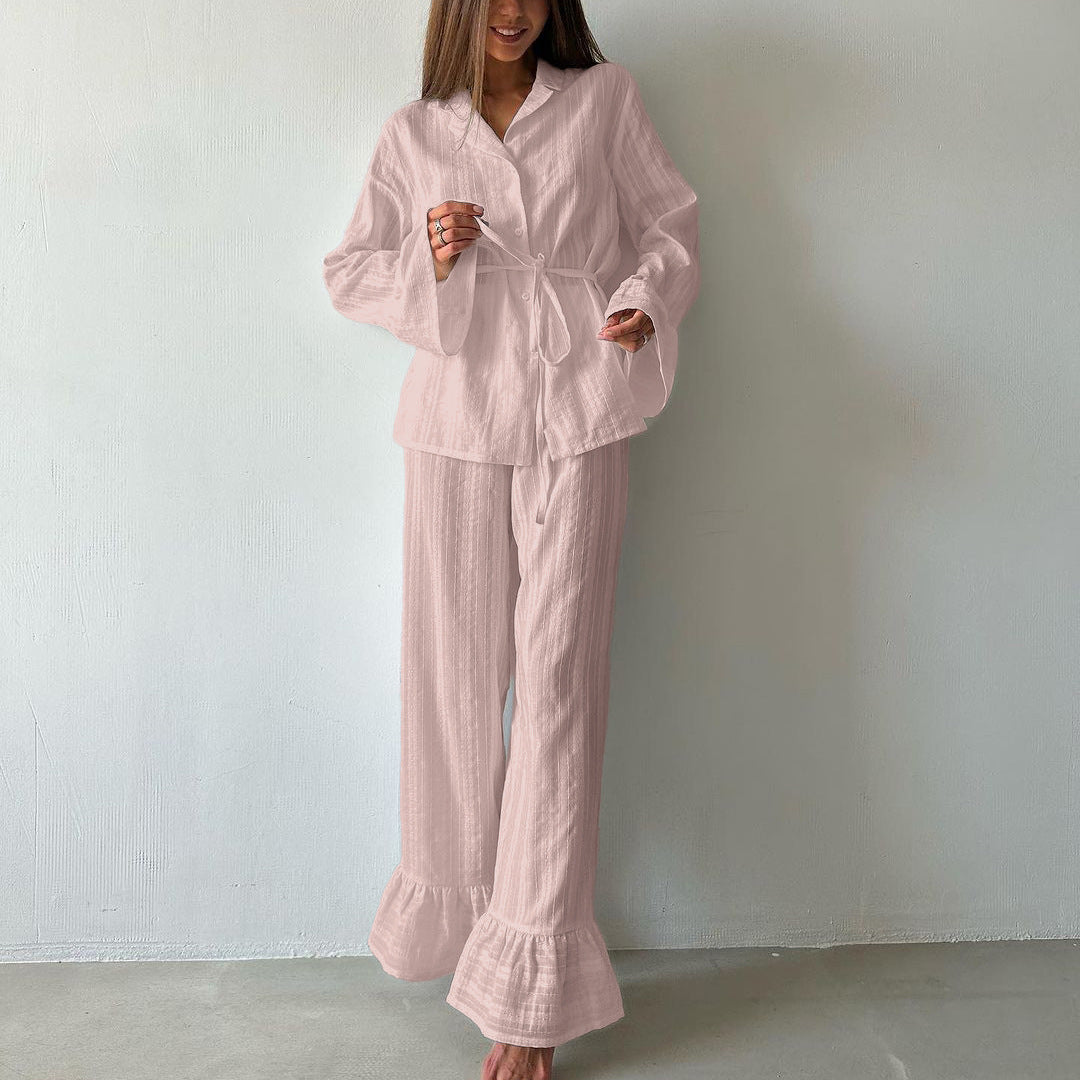 Russian New Style Ruffled Tie-Waist Two-Piece Set, Cotton Lapel Long-Sleeved Casual Lace Suit for Women