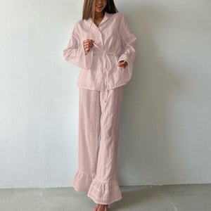 Russian New Style Ruffled Tie-Waist Two-Piece Set, Cotton Lapel Long-Sleeved Casual Lace Suit for Women