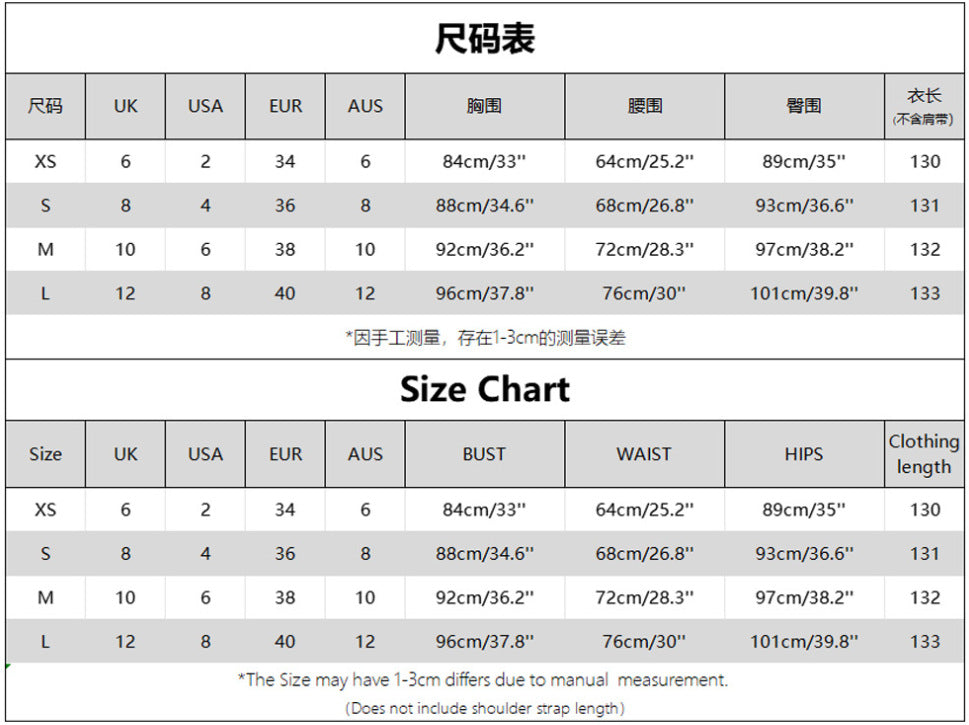 Size chart for clothing with measurements in various units