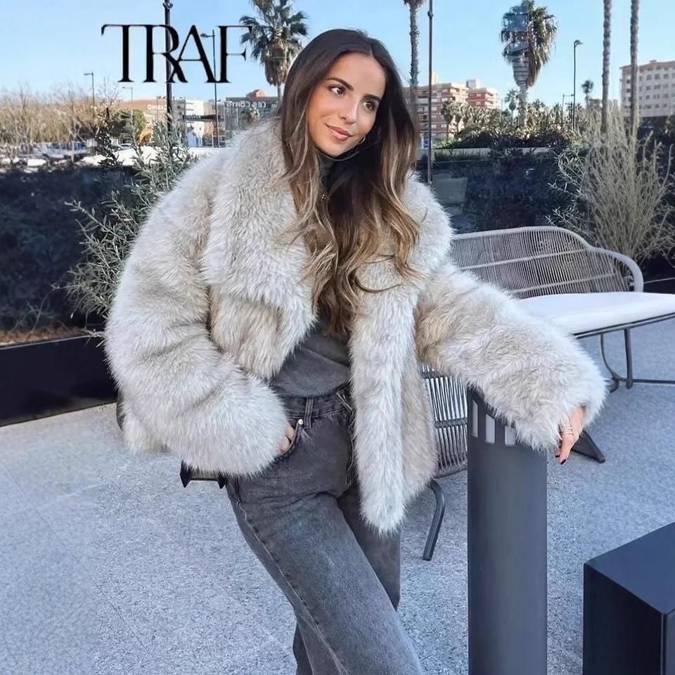 LORVENES faux fur coat for women, short woolen style in autumn and winter, with artificial fur and warm design.