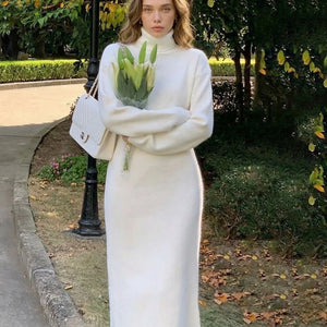 LORVENES knit sweater dress featuring a cozy, fitted design with ribbed cuffs and a high neckline, perfect for casual wear.