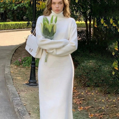 LORVENES knit sweater dress featuring a cozy, fitted design with ribbed cuffs and a high neckline, perfect for casual wear.