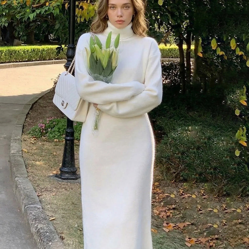 LORVENES knit sweater dress featuring a cozy, fitted design with ribbed cuffs and a high neckline, perfect for casual wear.