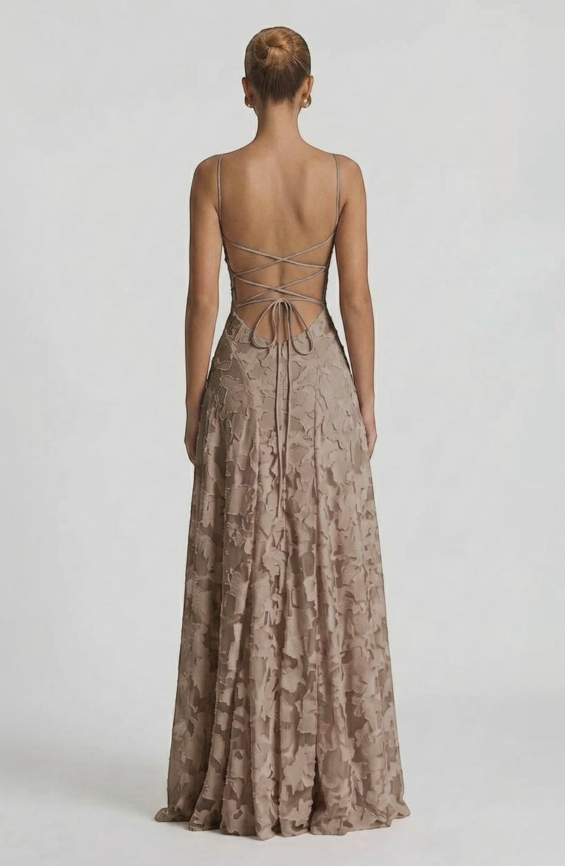 Elegant LORVENES sexy flowy bridal dress in soft white fabric, featuring a breezy silhouette and intricate lace details.