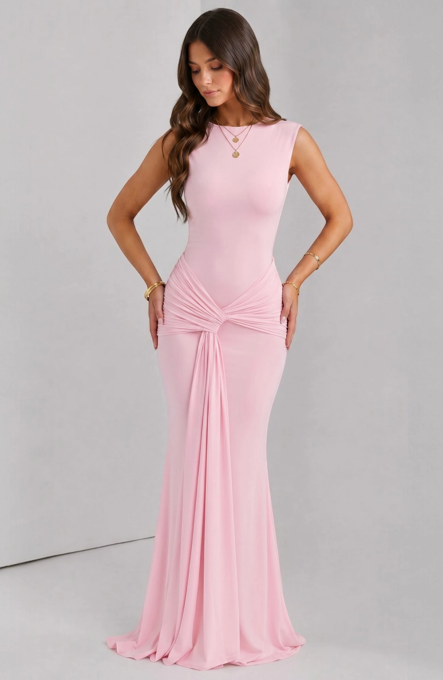 LORVENES Celeste Draped Maxi Gown in flowing fabric with elegant drape and floor-length design for formal occasions