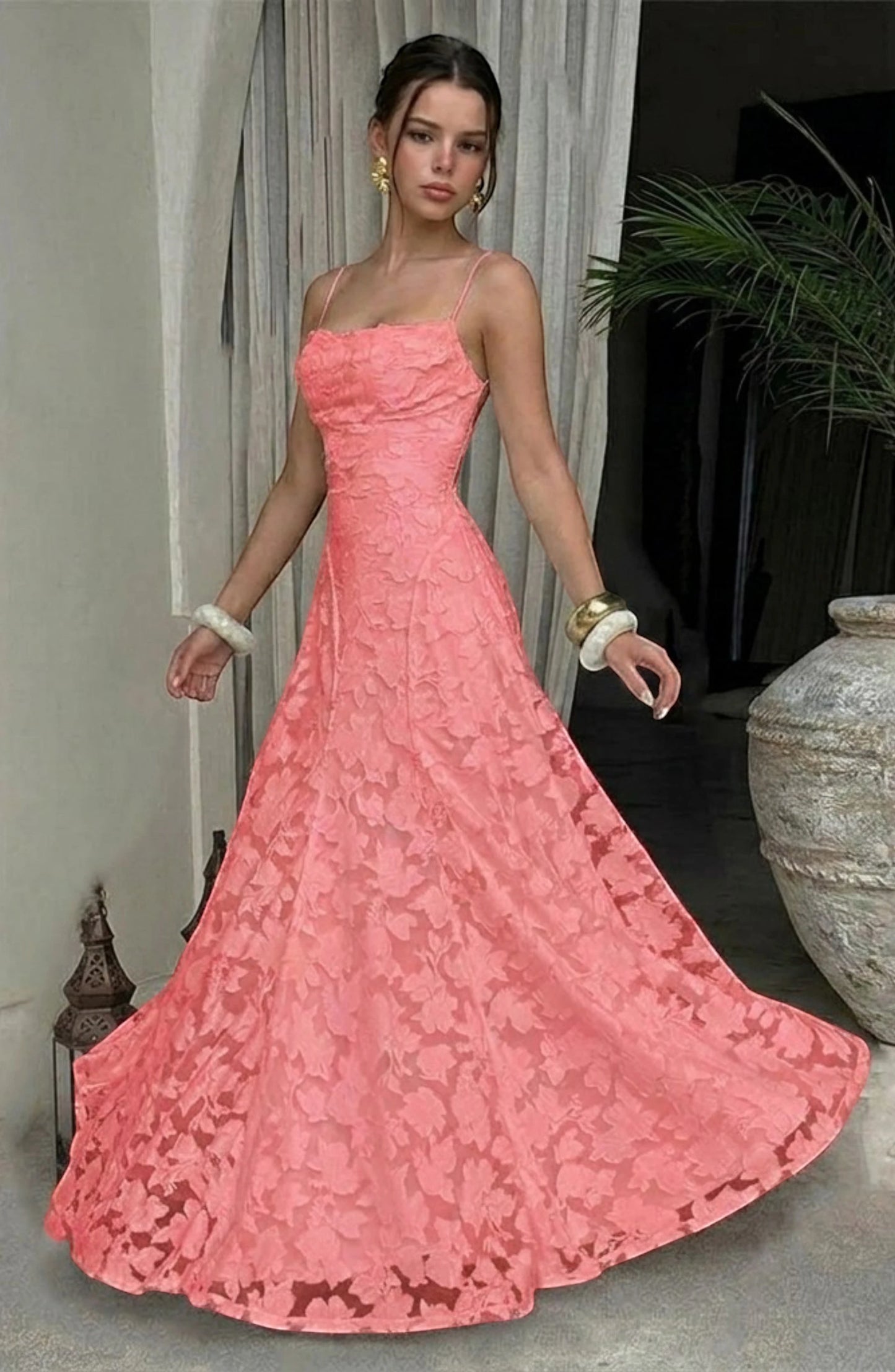 LORVENES sexy flowy bridal dress with elegant fabric and intricate lace details, perfect for a romantic wedding look.
