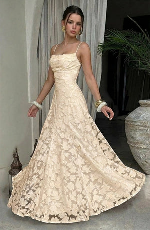 LORVENES sexy flowy bridal dress with elegant fabric and intricate details, perfect for a romantic wedding look.