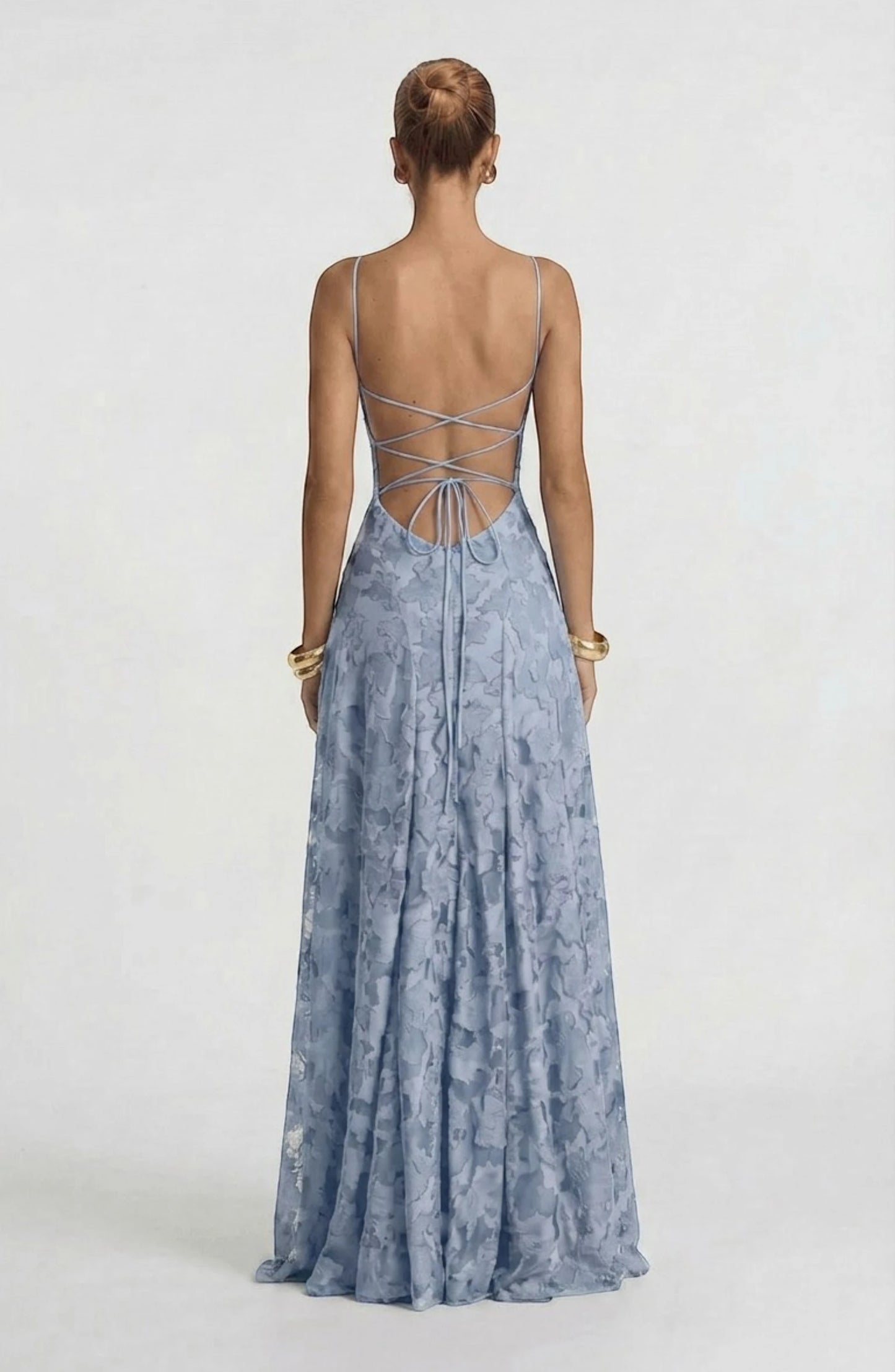 LORVENES sexy flowy bridal dress with elegant drape and lace details, perfect for a romantic wedding gown.