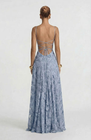 LORVENES sexy flowy bridal dress with elegant drape and lace details, perfect for a romantic wedding gown.