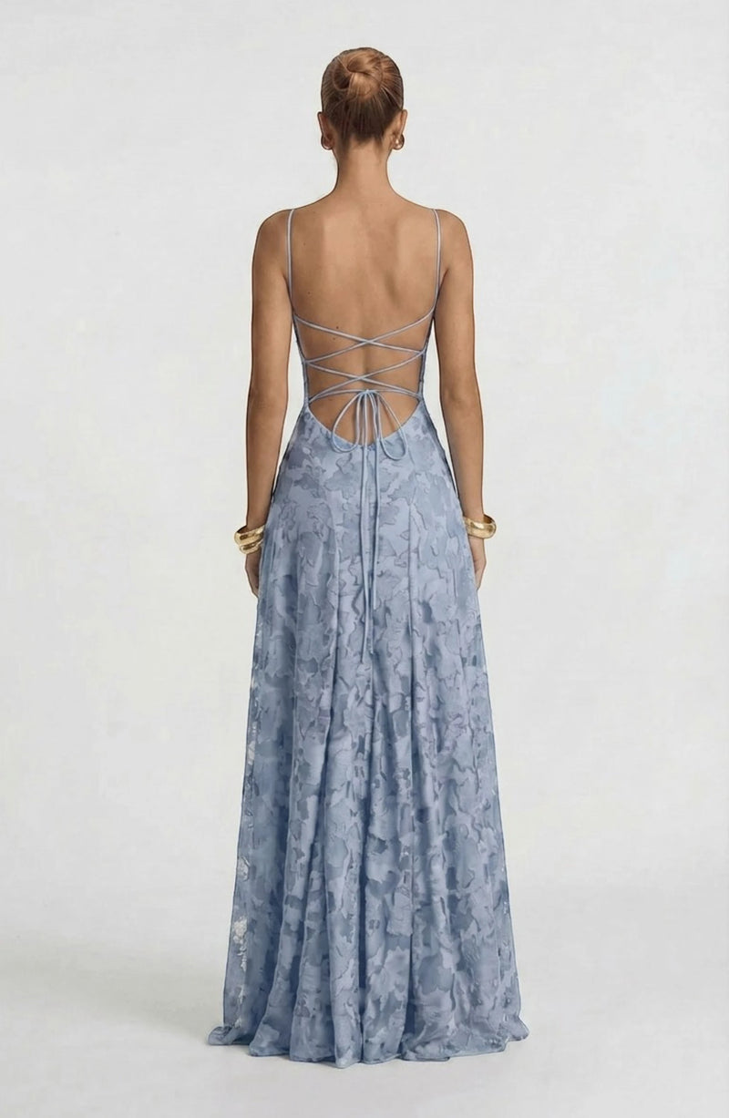 LORVENES sexy flowy bridal dress with elegant drape and lace details, perfect for a romantic wedding gown.