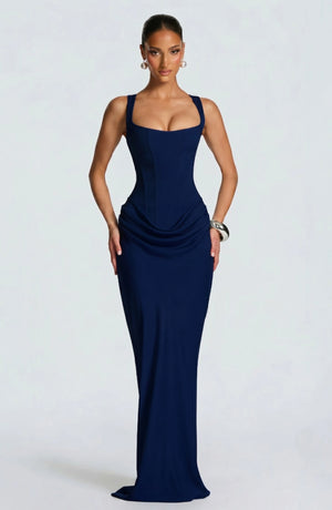 LORVENES halter bodycon maxi dress in vibrant orange featuring a fitted silhouette and stylish halter neckline.