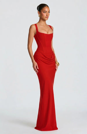 LORVENES halter bodycon maxi dress in vibrant color, flowing fabric, and fitted silhouette perfect for elegant evening wear