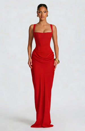LORVENES halter bodycon maxi dress in vibrant red, fitted style with a high neckline and flowing hem for elegant evening wear.