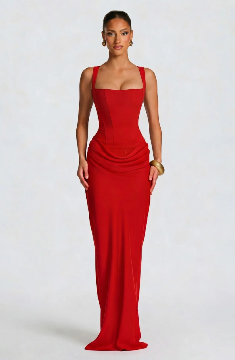 LORVENES halter bodycon maxi dress in vibrant red, fitted style with a high neckline and flowing hem for elegant evening wear.