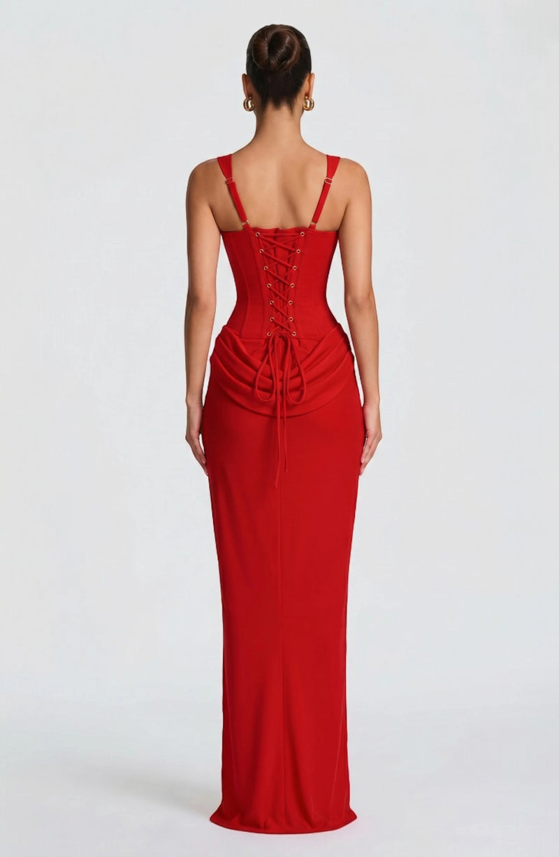 LORVENES halter bodycon maxi dress in vibrant orange, fitted design with a halter neckline and flowing length.