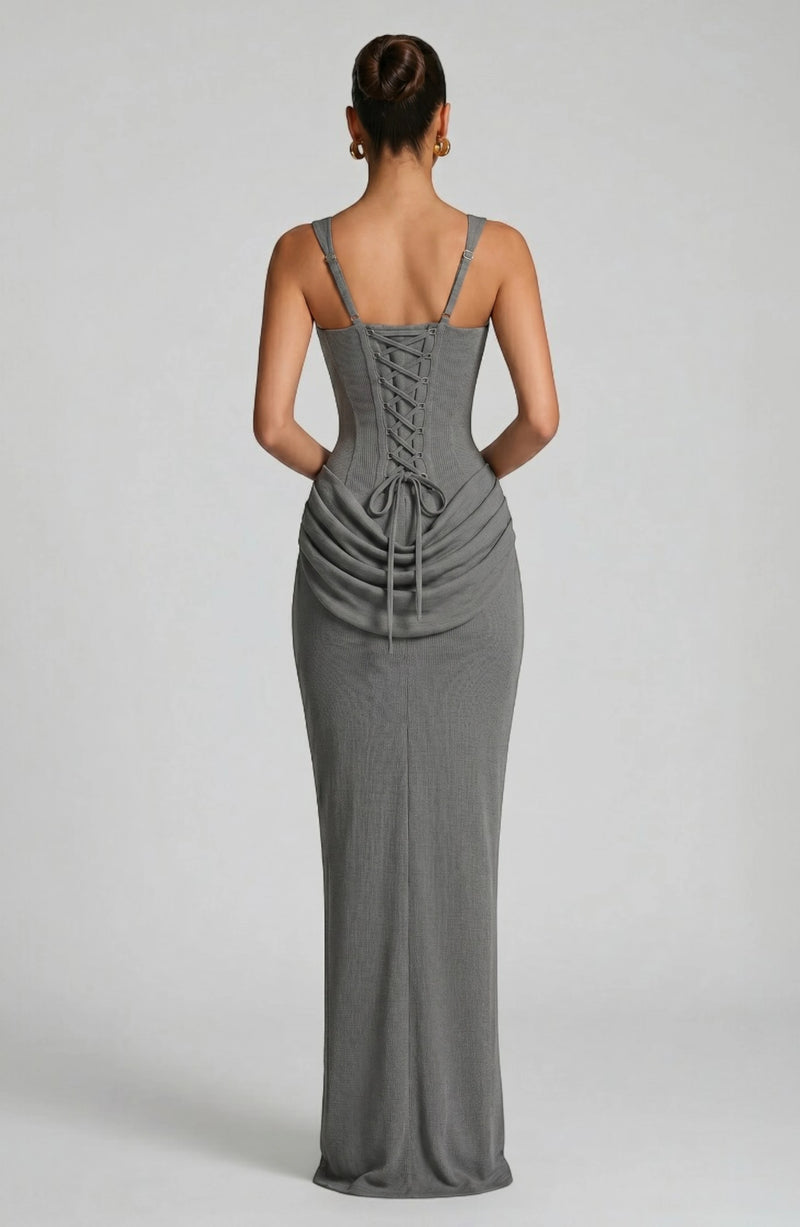 LORVENES halter bodycon maxi dress in vibrant orange, fitted design with plunging neckline and sleeveless style.