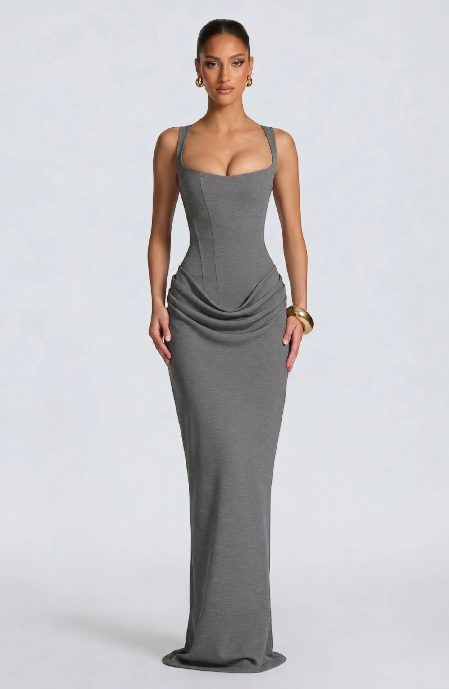 LORVENES halter bodycon maxi dress in vibrant red, fitted silhouette with plunging neckline and thigh-high slit.