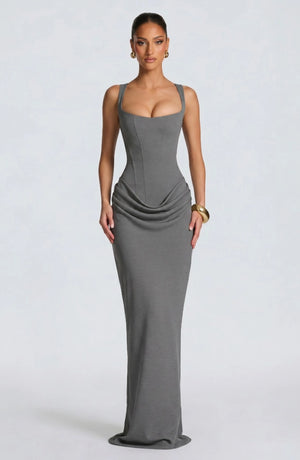 LORVENES halter bodycon maxi dress in vibrant red, fitted silhouette with plunging neckline and thigh-high slit.