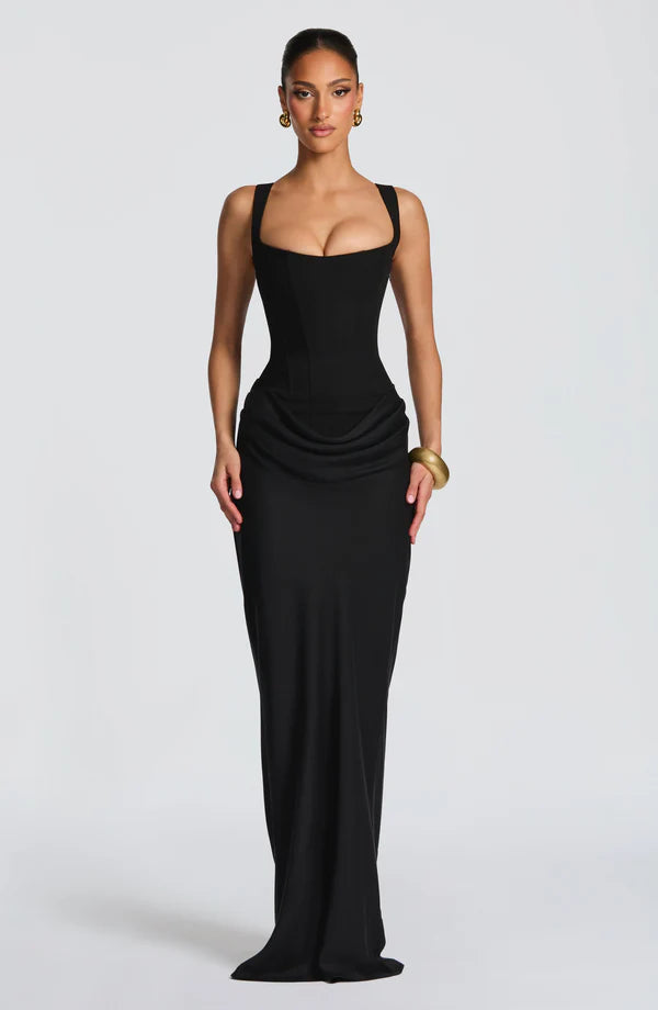 Black Halter Bodycon Maxi Dress by LORVENES featuring a fitted silhouette and elegant design, perfect for formal occasions.