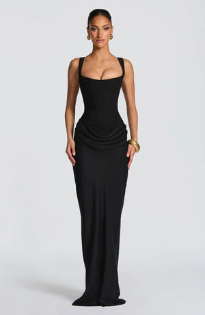 Black Halter Bodycon Maxi Dress by LORVENES featuring a fitted silhouette and elegant design, perfect for formal occasions.
