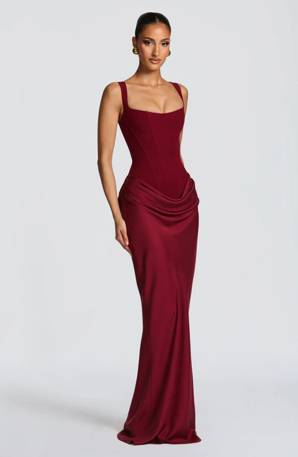 LORVENES burgundy halter bodycon maxi dress displayed on a model, featuring a fitted silhouette and elegant design.