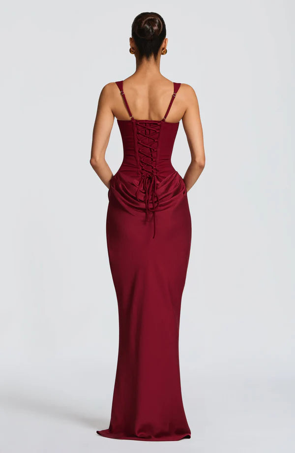 LORVENES burgundy halter bodycon maxi dress with fitted silhouette and elegant design, perfect for formal or evening wear