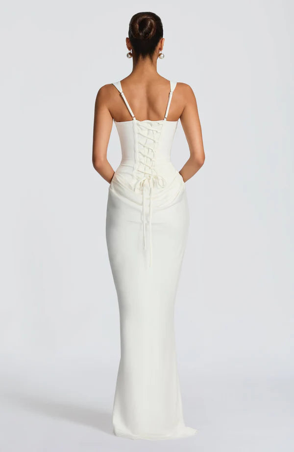 LORVENES ivory halter bodycon maxi dress with fitted silhouette and elegant design, perfect for formal occasions or summer events.