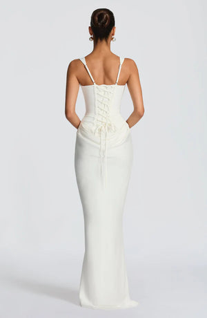 LORVENES ivory halter bodycon maxi dress with fitted silhouette and elegant design, perfect for formal occasions or summer events.