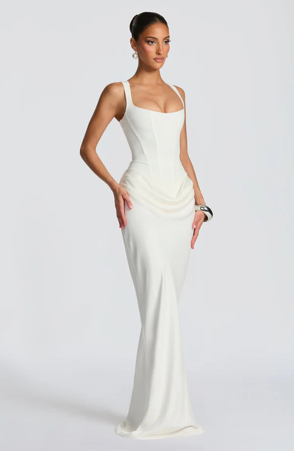 LORVENES Ivory Halter Bodycon Maxi Dress with fitted silhouette and elegant design, perfect for formal occasions or summer events.