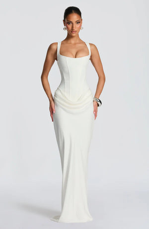 LORVENES Ivory Halter Bodycon Maxi Dress featuring a fitted silhouette and elegant design, perfect for formal occasions.