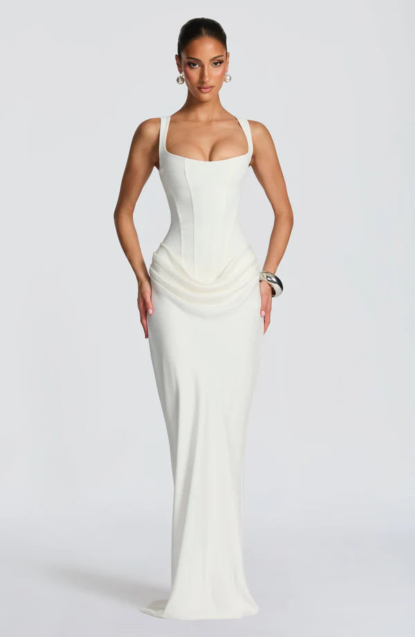 LORVENES Ivory Halter Bodycon Maxi Dress featuring a fitted silhouette and elegant design, perfect for formal occasions.