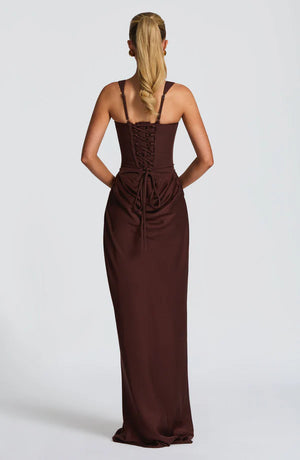 LORVENES plum brown halter bodycon maxi dress with fitted silhouette and sleeveless design, perfect for elegant occasions