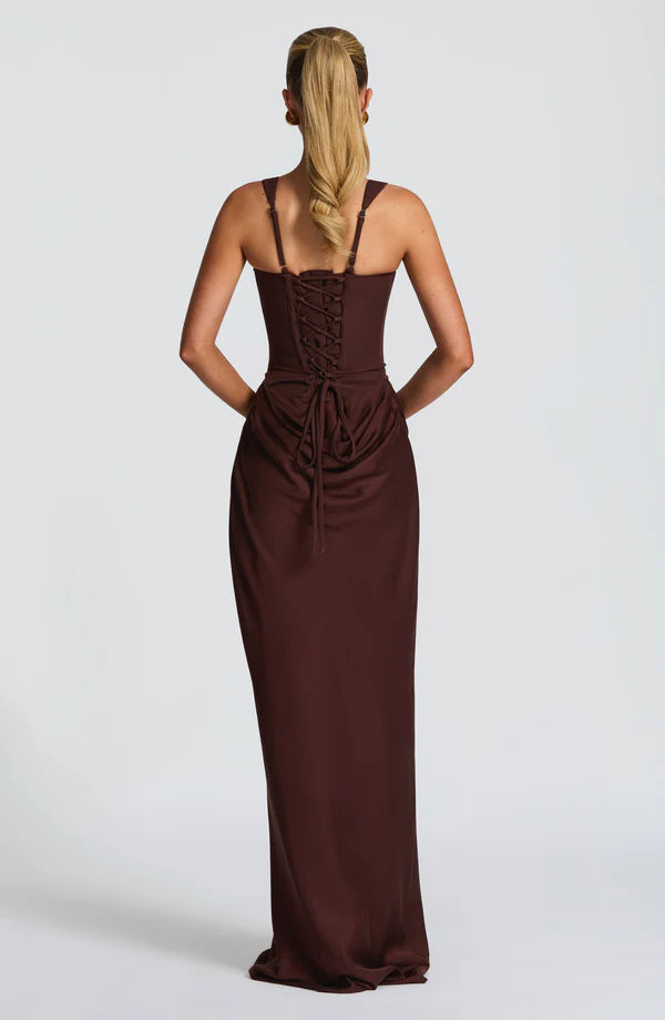 LORVENES plum brown halter bodycon maxi dress with fitted silhouette and sleeveless design, perfect for elegant occasions