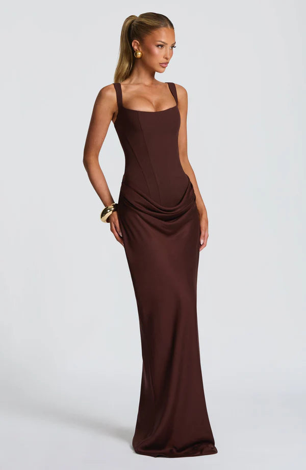 LORVENES halter bodycon maxi dress in plum brown, featuring a fitted silhouette and elegant design, perfect for formal occasions.