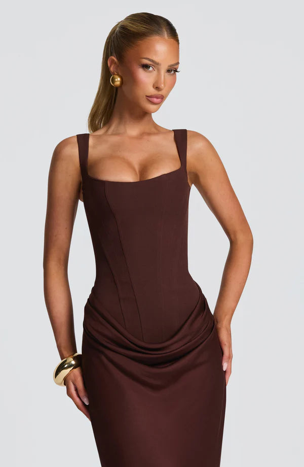 LORVENES plum brown halter bodycon maxi dress with a fitted silhouette and elegant design, shown on a model.