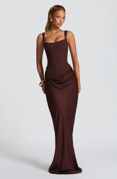 LORVENES plum brown halter bodycon maxi dress with a fitted silhouette and elegant design, displayed on a mannequin.