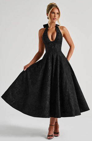 Black Modern Flow Maxi dress by LORVENE featuring a sleek, elegant midi-length design with a contemporary style.