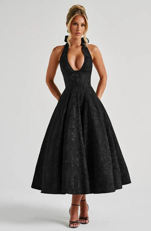 Black Modern Flow Maxi dress by LORVENE, featuring a sleek design, midi length, and stylish fit perfect for elegant occasions.