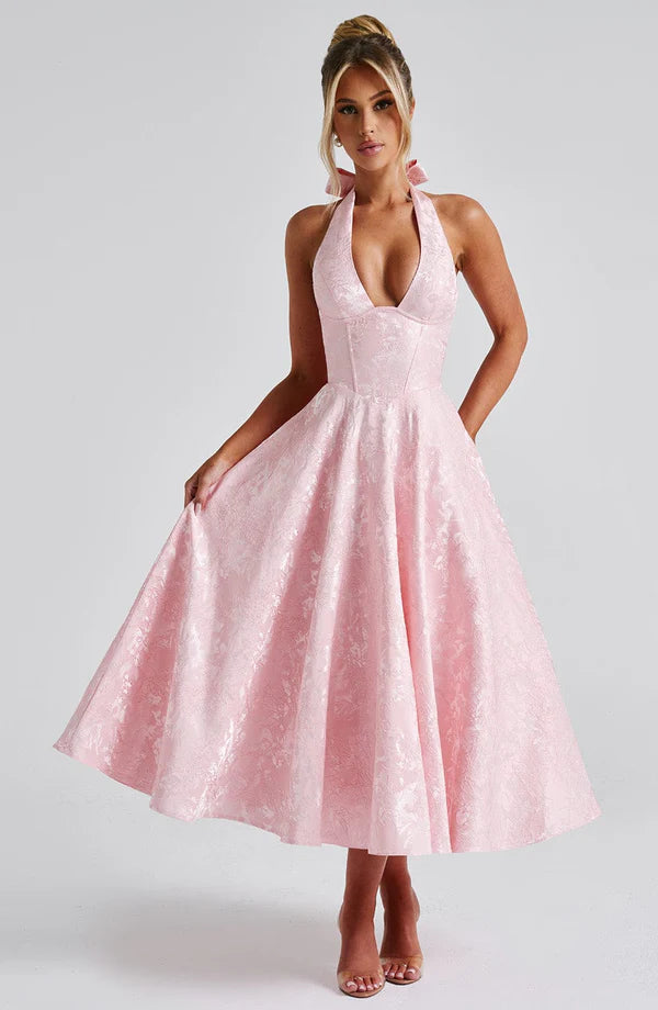 LORVENE Modern Flow Maxi dress in blush pink, featuring a sleek, flowing design and elegant midi-length silhouette.