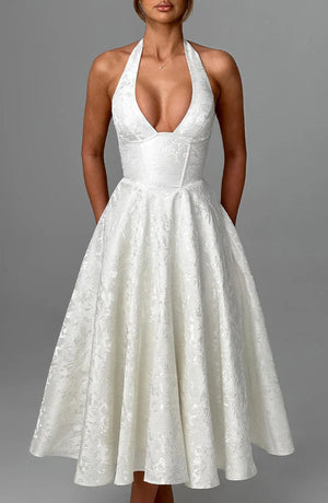 Ivory Modern Flow Maxi dress by LORVENE featuring a flowing midi design and elegant style, perfect for stylish occasions.