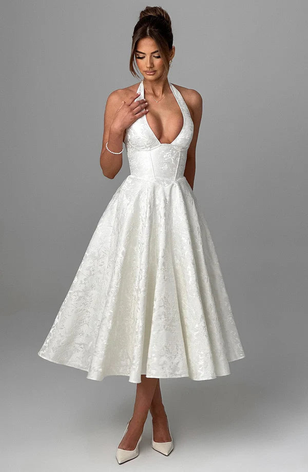 LORVENE Modern Flow Maxi dress in ivory, featuring a sleek midi design with flowing fabric and elegant style.