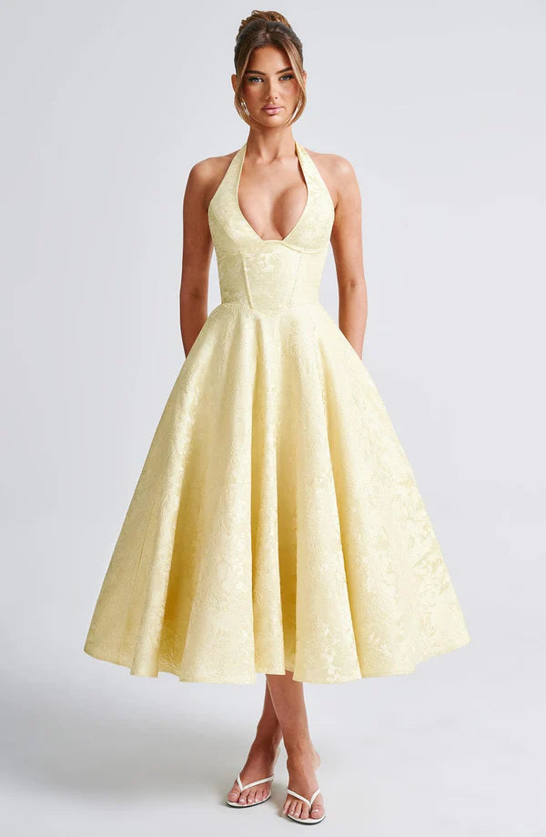 LORVENE Modern Flow Maxi dress in lemon yellow with a flowing midi design, lightweight fabric, and elegant silhouette.