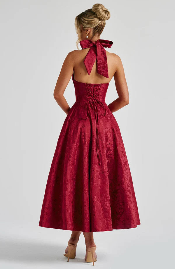 Red Modern Flow Maxi dress by LORVENE featuring a sleek, flowing design, perfect for elegant occasions.