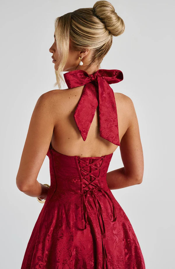 Red Modern Flow Maxi dress by LORVENE, featuring a sleek, flowing design perfect for stylish occasions.