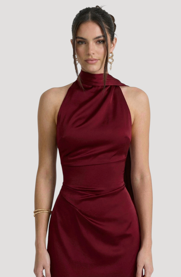 Elegant Claret Satin Halter Evening Dress by LORVENES, showcasing a flowing satin fabric and halter neckline design.