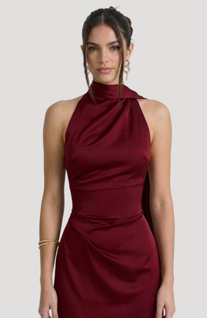 Elegant Claret Satin Halter Evening Dress by LORVENES, showcasing a flowing satin fabric and halter neckline design.